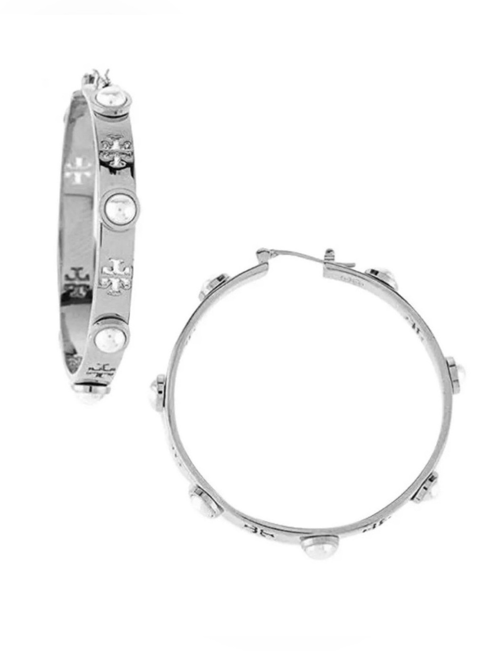 New Authentic Tory Burch Women’s T-Pierced Logo Silver  & Pearl Hoop on TB card